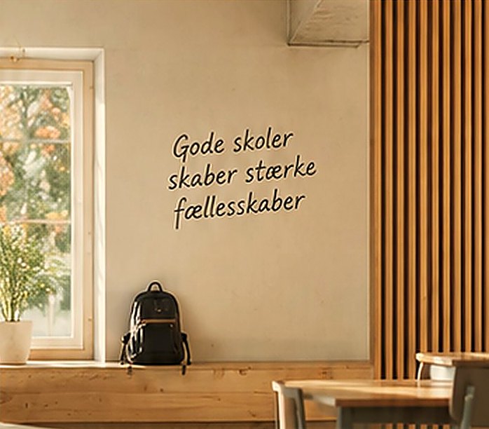 Et lyst klasselokale med en rygsæk på bænken. På væggen står: Gode skoler skaber stærke fællesskaber.